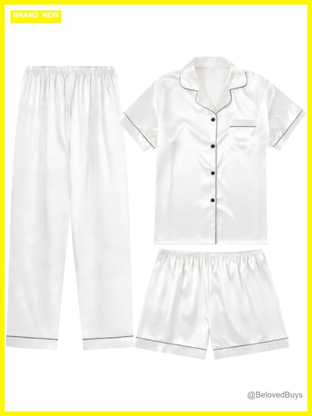 3 Piece Silk Satin Pajama Set Soft V Neck Sleepwear Button Down Top Shorts Pants
